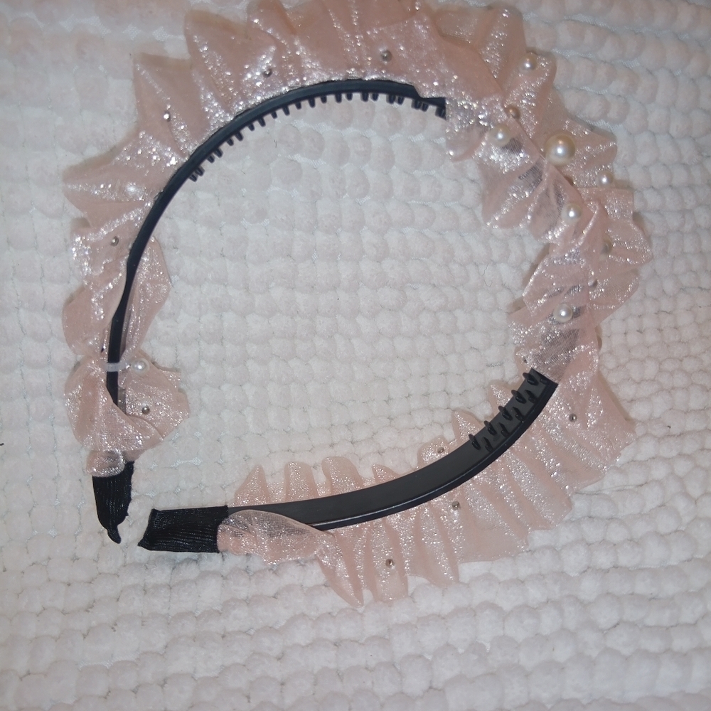 Gorgeous Pink Ruffled Tulle Headband with Faux Pearls | Bridal, Coquette, Fairyc - Picture 11 of 13